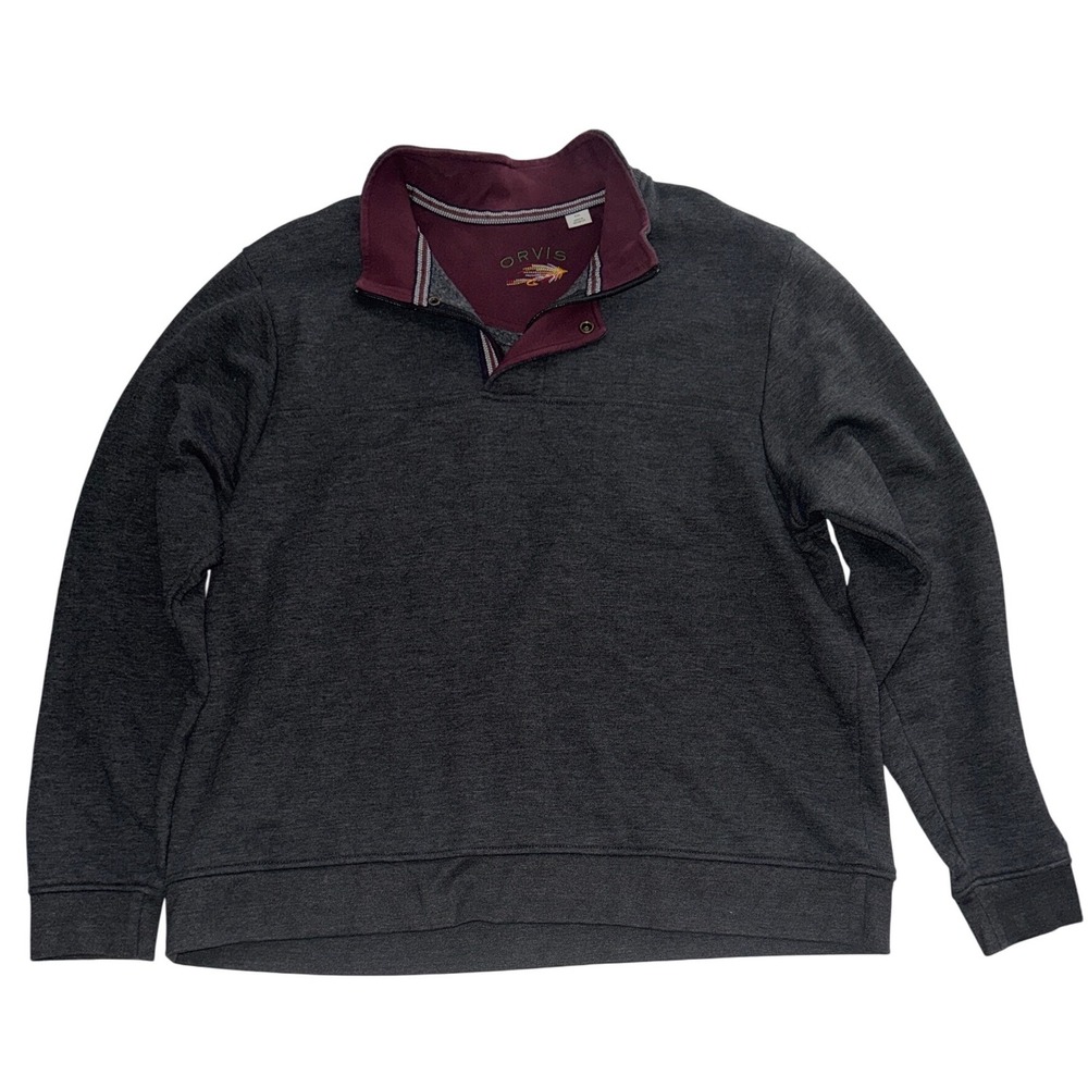 Orvis Mens XXL Charcoal Gray 1/4 Zip Snap Pullover Sweatshirt Fleece Fly Logo